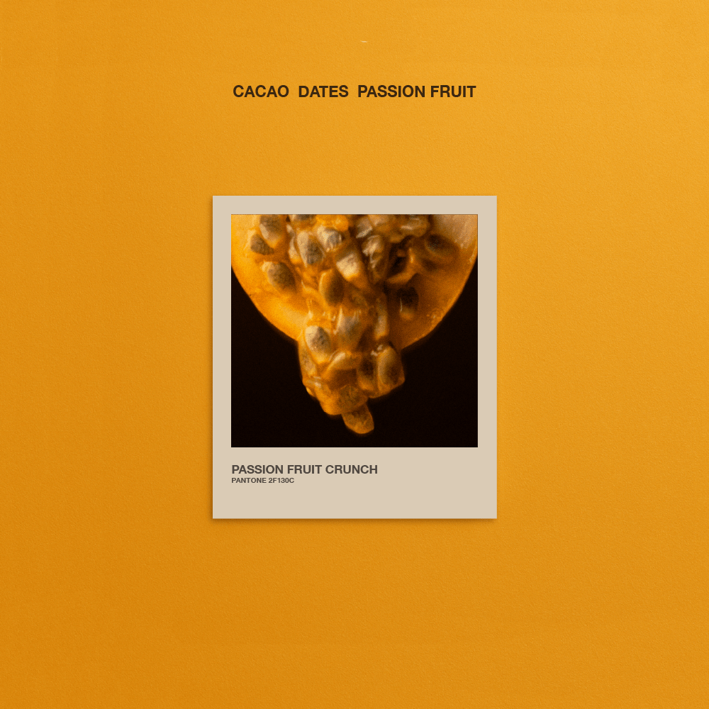 Passion fruit with text 'Cacao Dates Passion Fruit' on an orange background
