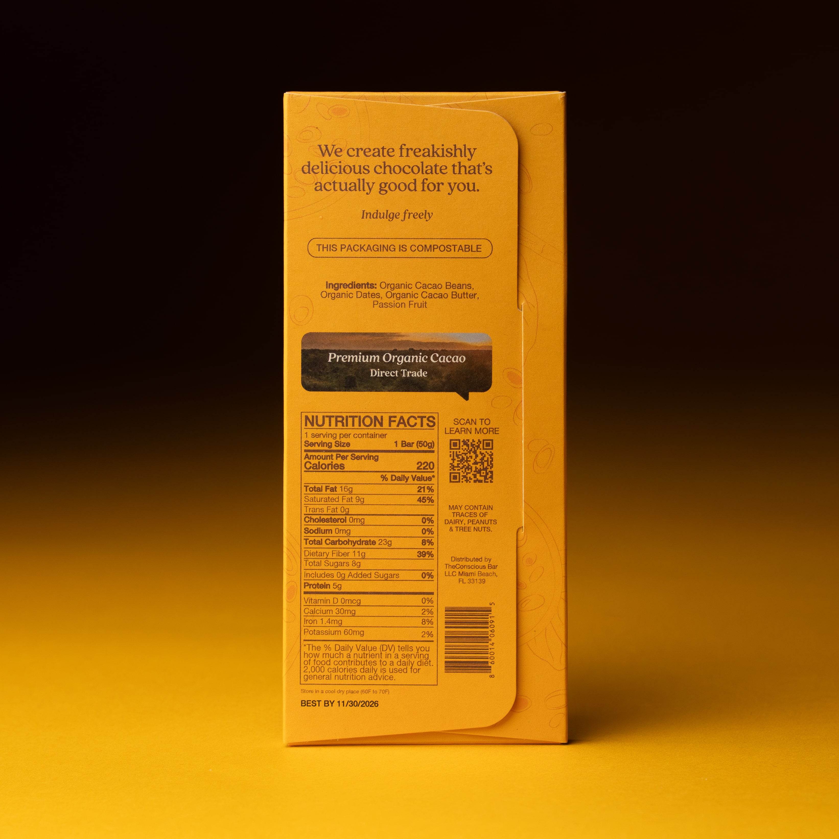 Chocolate packaging with a visible label on a yellow background